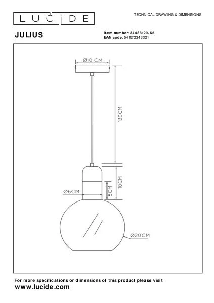 Lucide JULIUS - Pendelleuchten - Ø 20 cm - 1xE27 - Rauchfarbe Grau - TECHNISCH